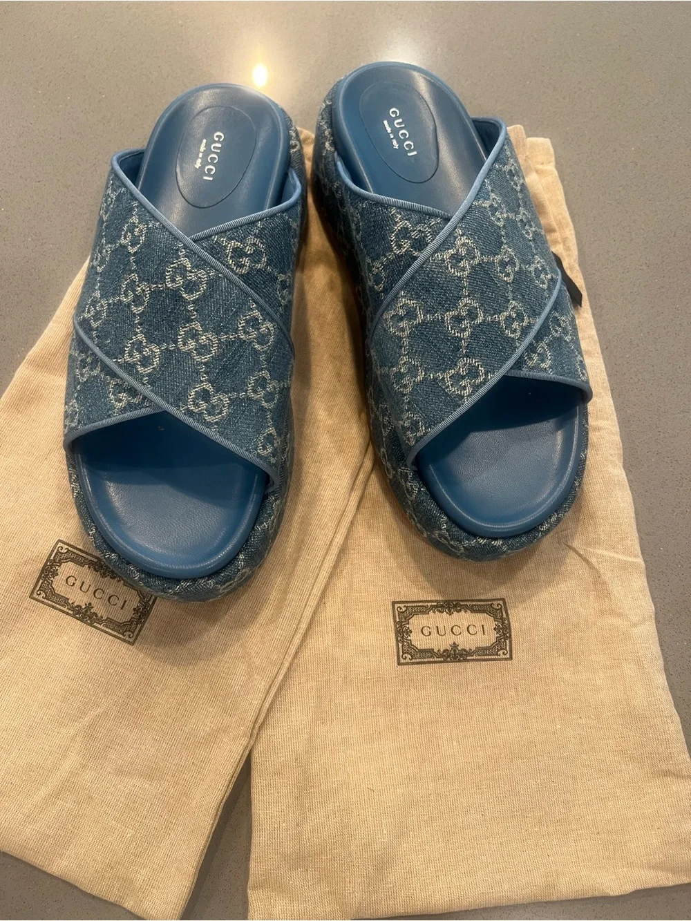 Gucci Blue GG Denim Crisscross Slide Sandals